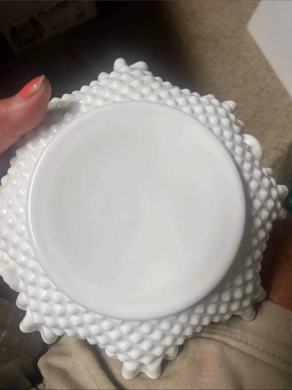 Vintage White Ruffled Milk hobnail Glass Basket